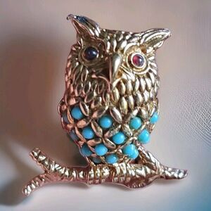 70's Ciner Gold-Plated Owl Brooch On Branch Glass Turquoise Seed Beads Retro Pin